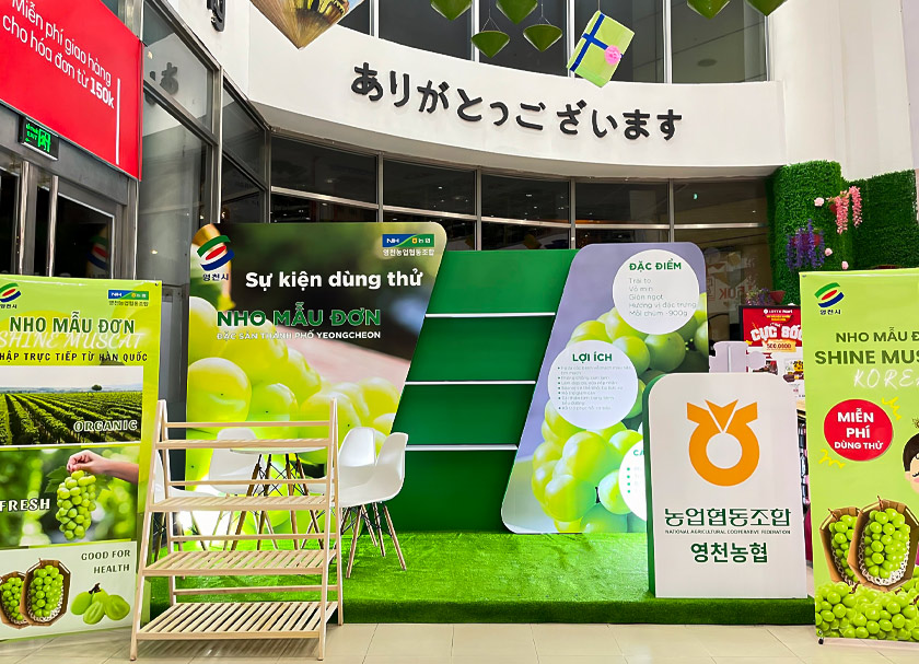 Thi công trọn gói booth sự kiện ra mắt nho mẫu đơn Shine Muscat
