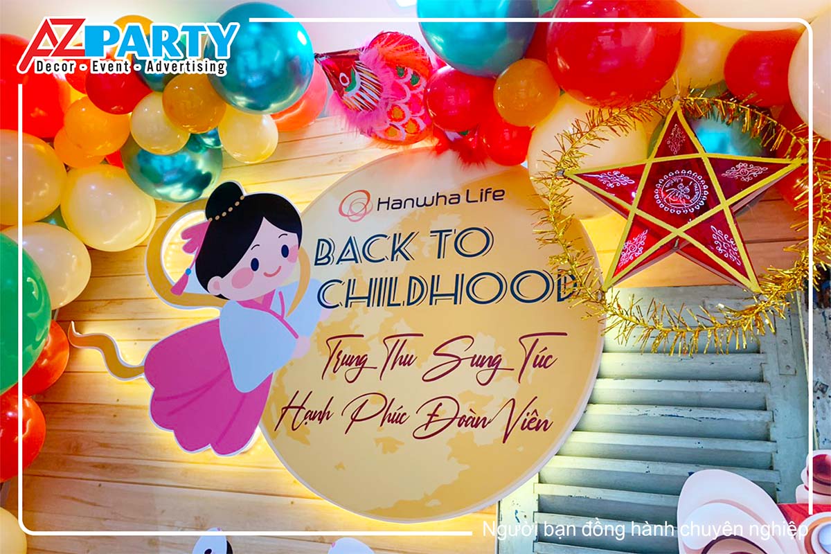 Thông điệp Back to Childhood in nổi bật trong tiểu cảnh trung thu AZparty thi công cho Hanwha Life