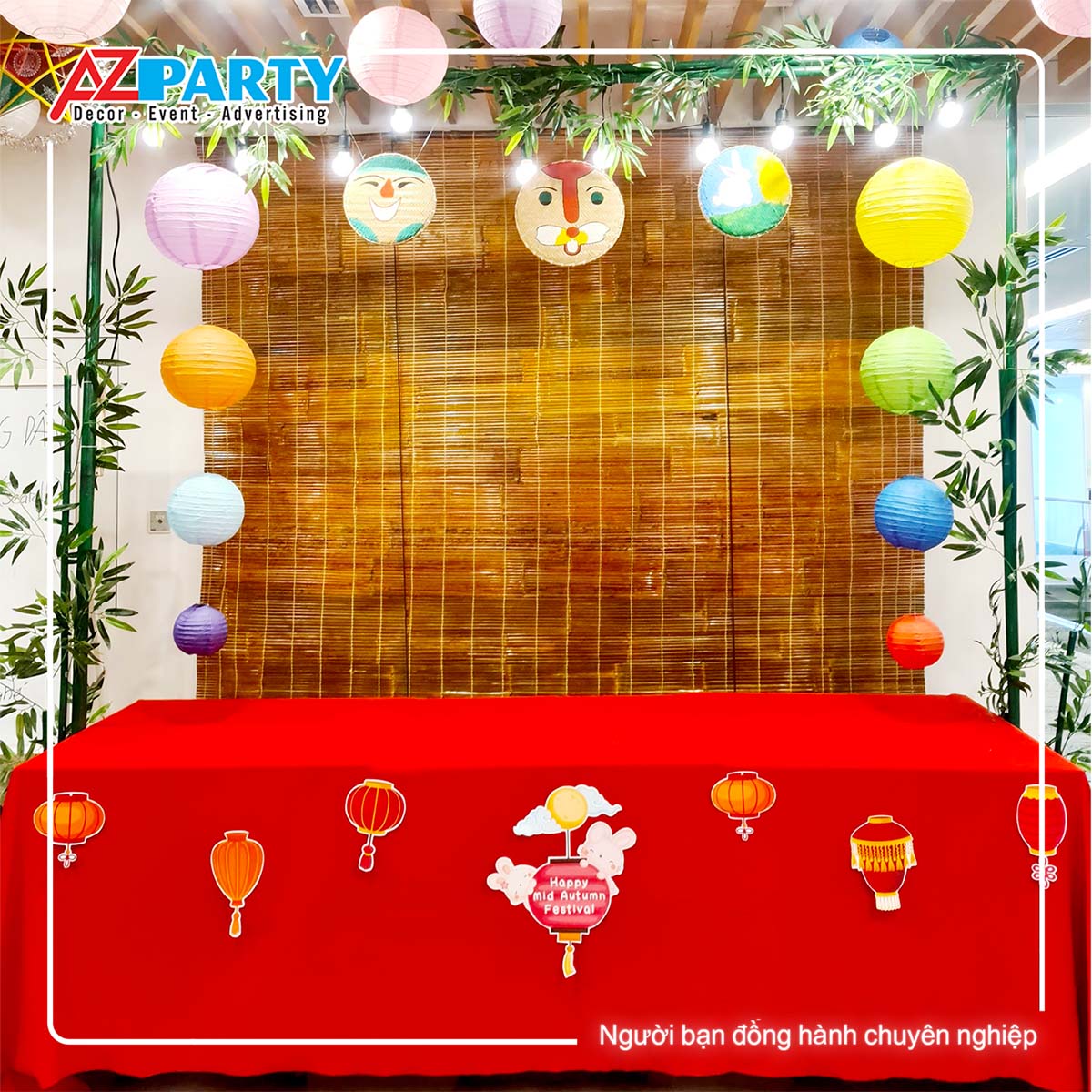 Chi tiết lồng đèn và đèn ông sao lung linh trong tiểu cảnh trung thu AZparty thi công cho Garena Vietnam