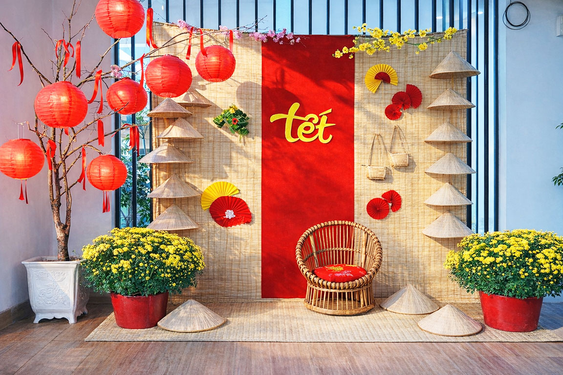 Mẫu Tiểu Cảnh Tết Ngoài Trời Và Trong Nhà Từ Phên Tre, Quạt Giấy Và Nón Lá