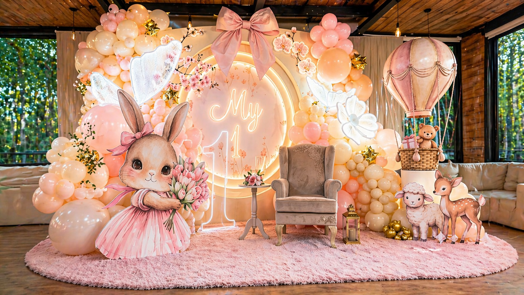 Trang trí sinh nhật ngập tràn hoa tươi tone màu hồng pastel