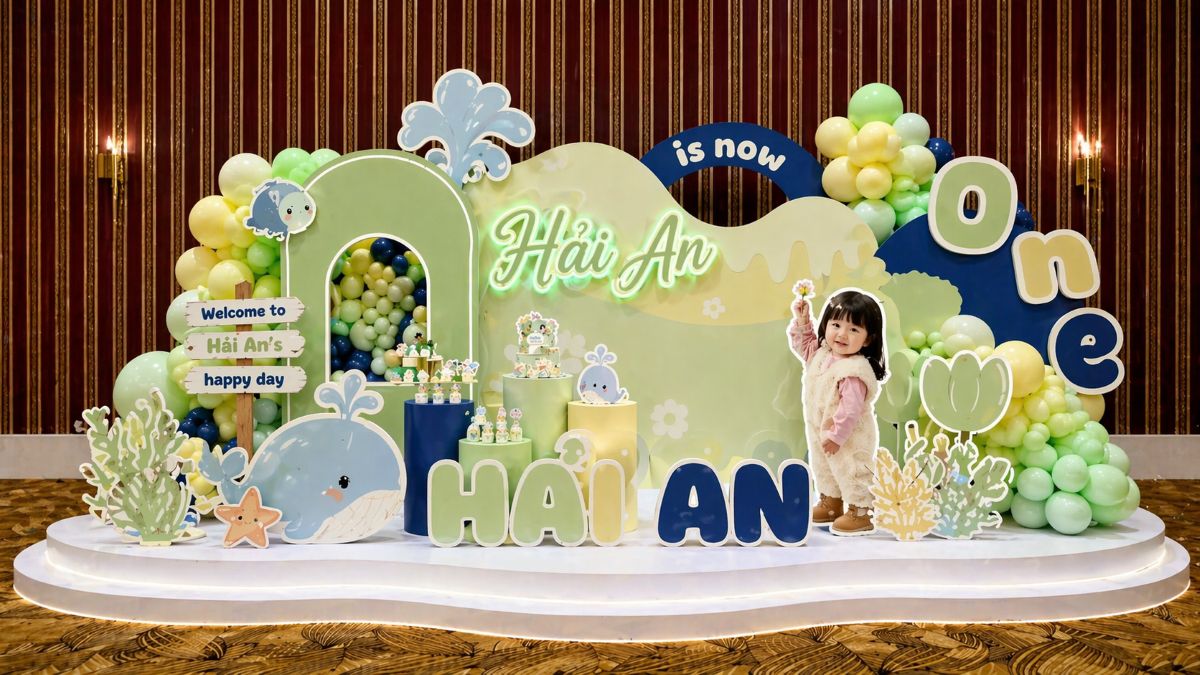 Trang trí sinh nhật chủ đề đại dương cá voi cho bé gái
