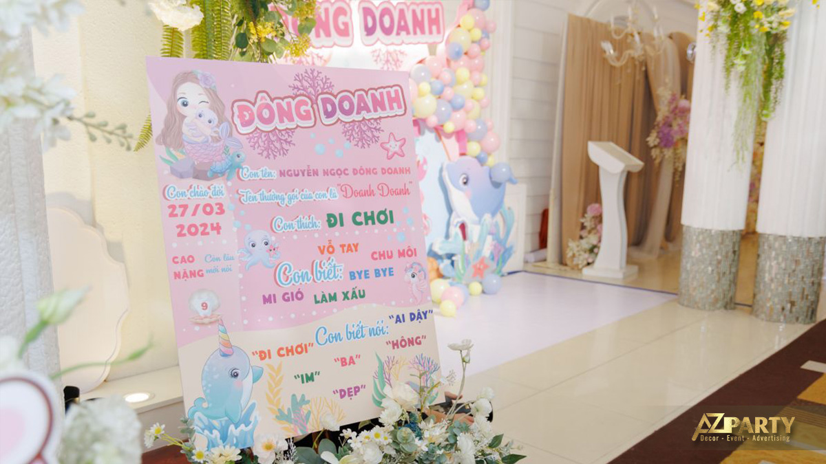 Không gian trang trí tiệc thôi nôi lung linh cho bé Biển và Đông Danh