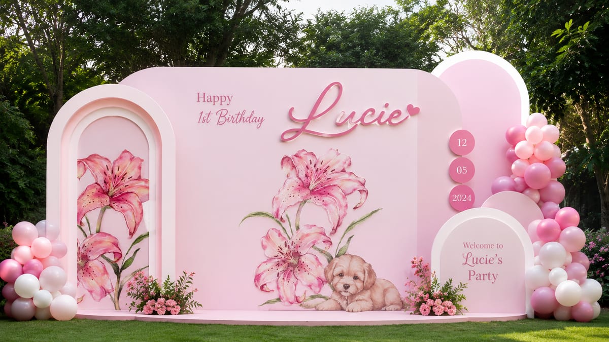 Cận cảnh chi tiết hoa tươi lộng lẫy trang trí trên backdrop tiệc thôi nôi bé gái