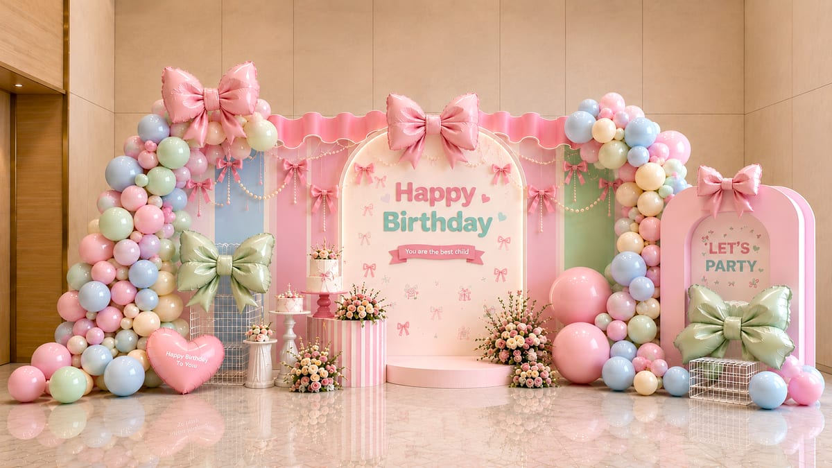 Sân khấu tiệc thôi nôi bé gái phủ màu hồng pastel kết hợp dải bóng bay nghệ thuật