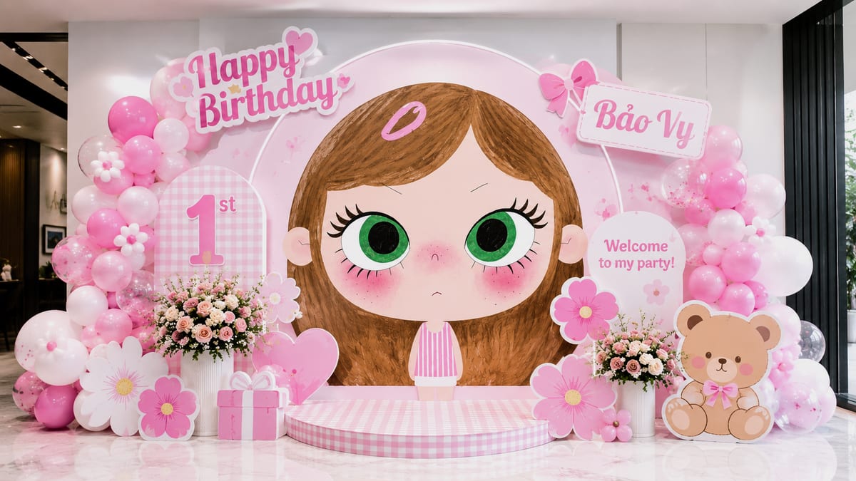 Bảng tên nổi 3D màu vàng óng ánh kết hợp hoa tươi trên phông nền hồng pastel dịu dàng