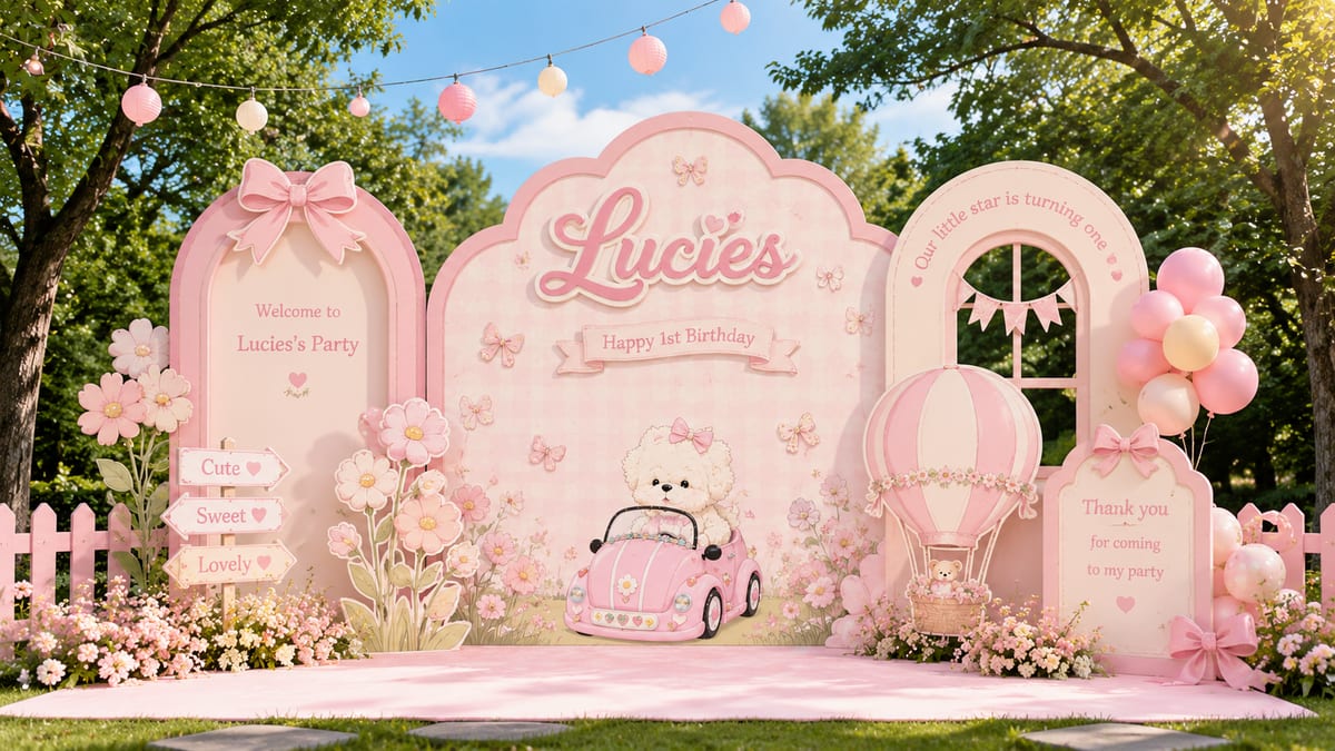 Chi tiết bong bóng nghệ thuật, hoa tươi và hình chibi đáng yêu của bé gái phối hợp hài hòa