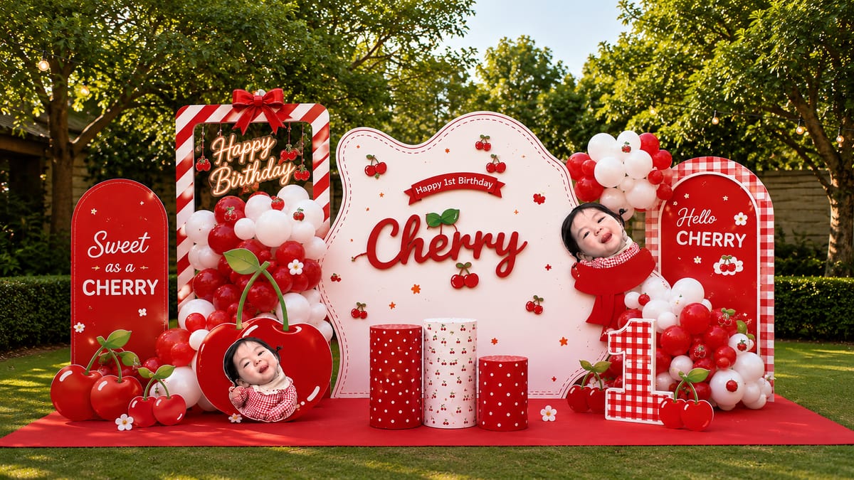 Bảng welcome chào mừng khách mời tiệc thôi nôi được đính kèm chùm hoa tươi màu đỏ rực