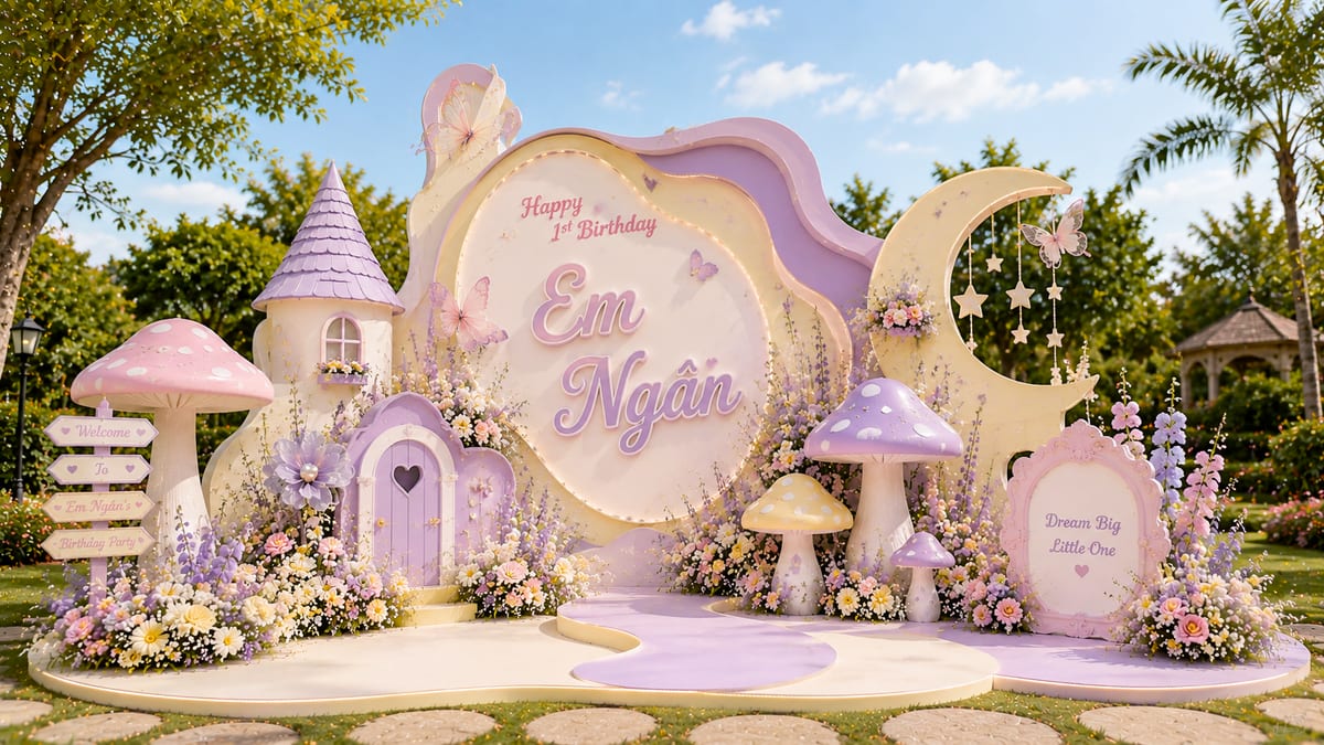 Backdrop thiết kế hình lâu đài cổ tích kết hợp sắc tím nhạt mộng mơ cho tiệc thôi nôi
