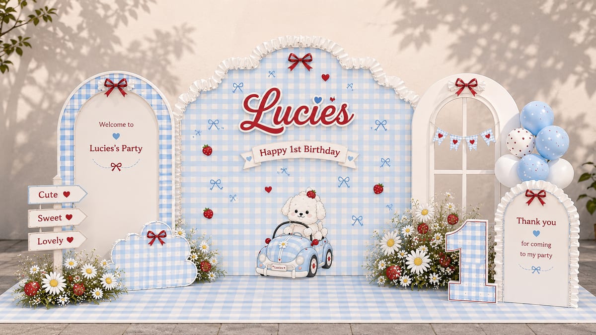 Chữ nổi 3D tên bé màu trắng viền đèn LED nổi bật trên nền backdrop xanh biển