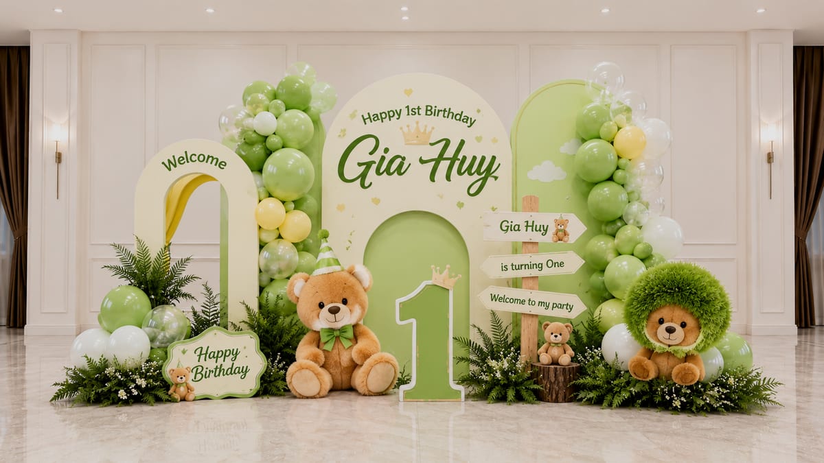 Góc chụp hình check-in tiệc thôi nôi được trang trí bằng các bụi lá cỏ tươi xanh chân thực