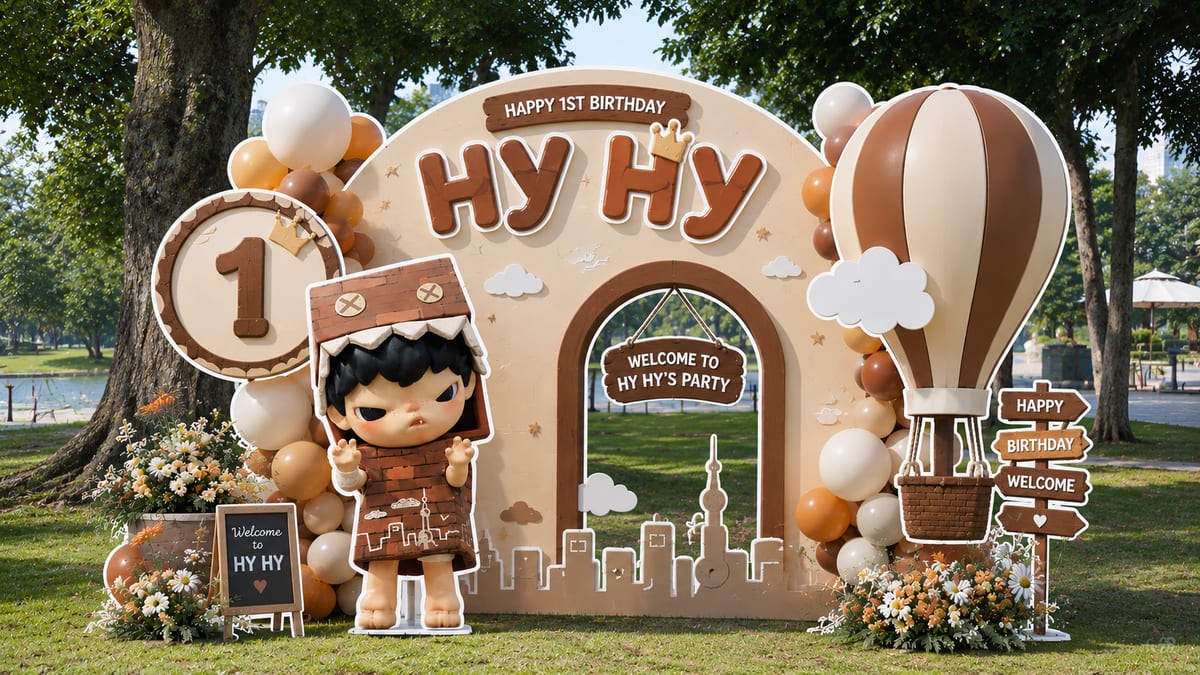 Góc gallery trưng bày bánh kem sinh nhật tông xuyệt tông phong cách rustic với màu nâu chủ đạo