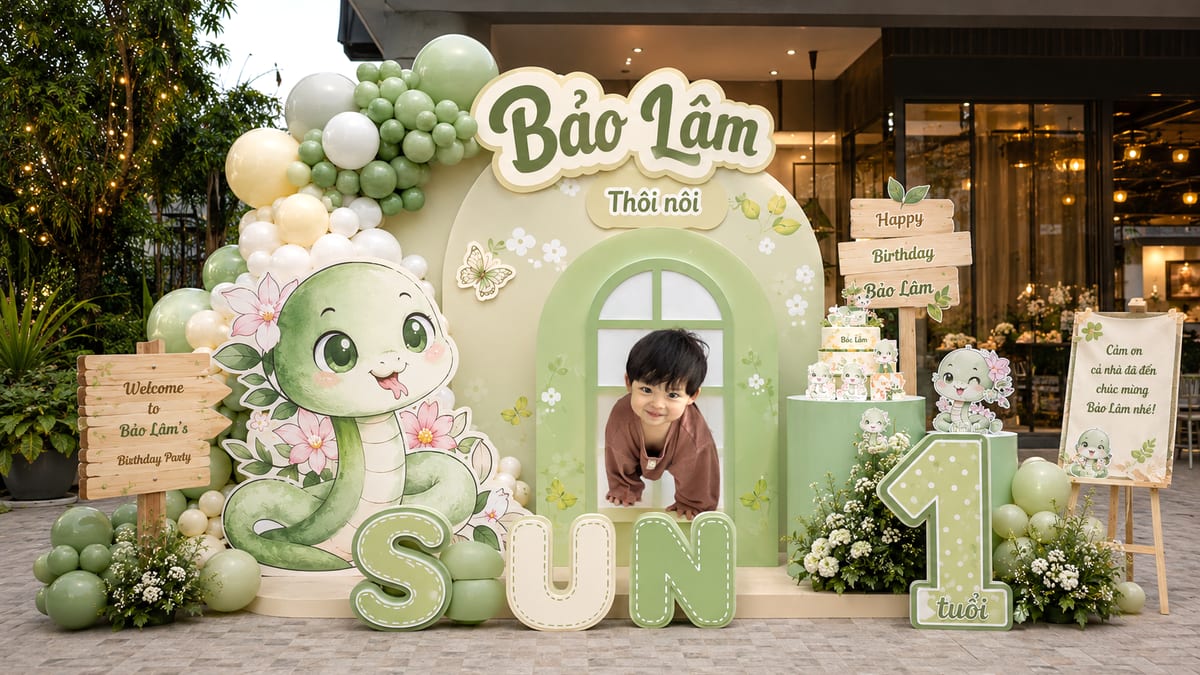 Sự phá cách với các khối hình học đa giác và màu sắc tươi sáng nổi bật trong trang trí tiệc thôi nôi