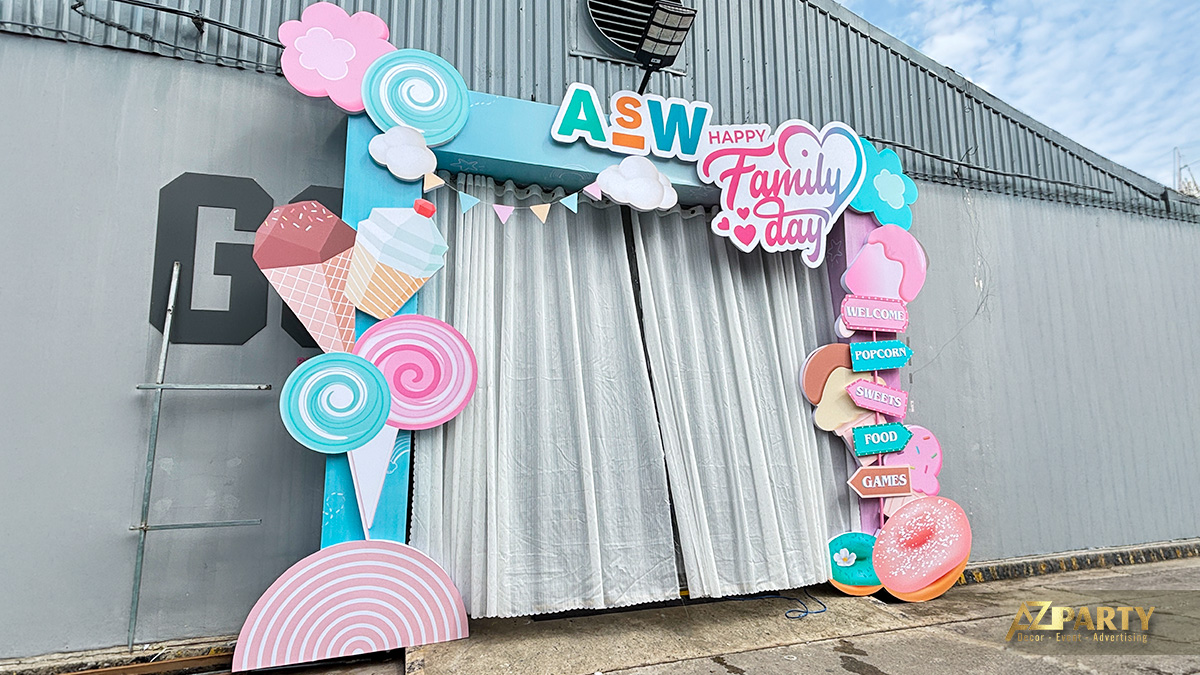Cổng chào 3D ngày hội gia đình ASW concept Xứ Sở Kẹo Ngọt với bảng chỉ dẫn Welcome Popcorn Sweets Food Games