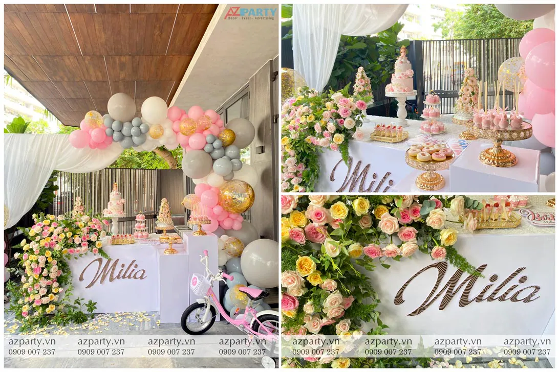 Collage chi tiết trang trí tiệc sinh nhật bé Milia Cao gồm bàn tiệc ngọt cupcakes, bánh Donuts thơm ngon và cụm hoa hồng tươi sang trọng.
