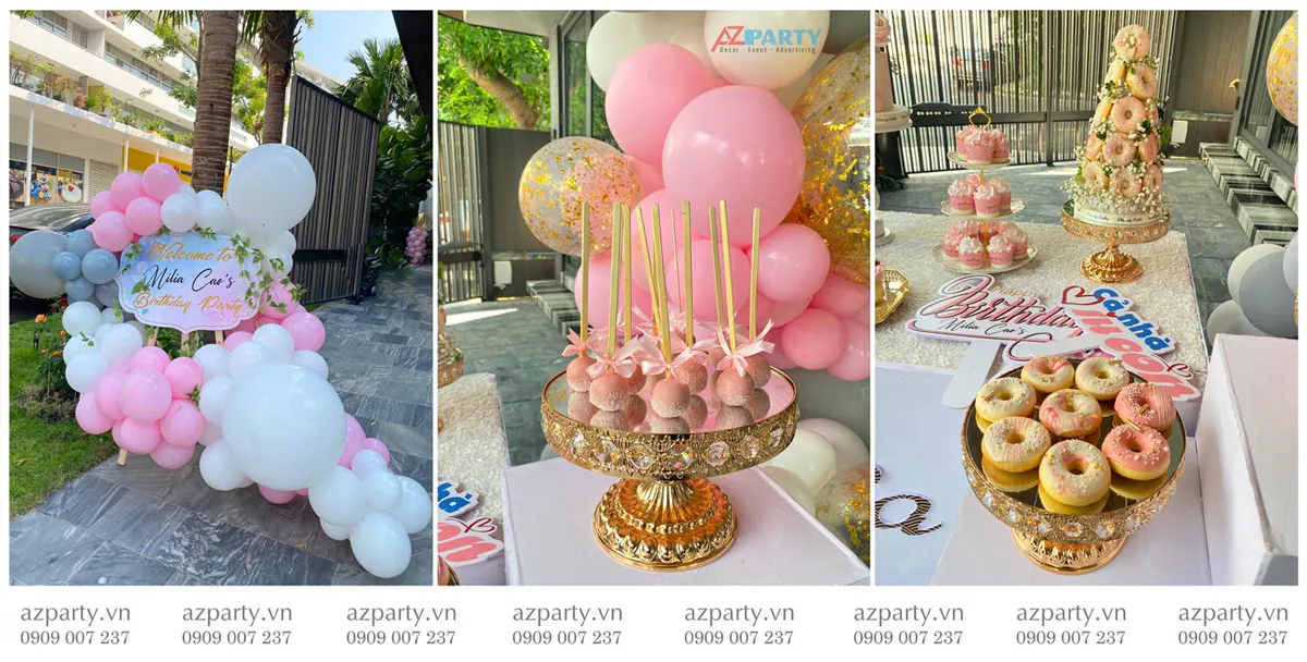 Collage bảng tên chào mừng Welcome to Milia Cao's Birthday Party bằng bong bóng hồng và các khay bánh ngọt được trưng bày trang nhã.