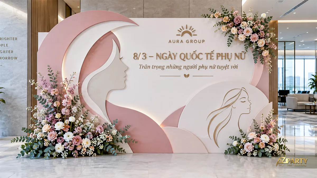 Backdrop hồng kem với chân dung phụ nữ nổi, nét vẽ vàng và hoa hai góc