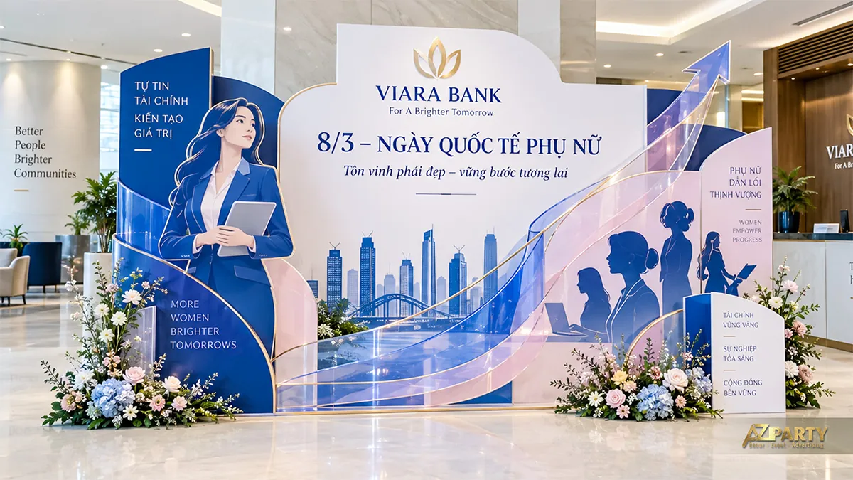 Góc check-in xanh trắng ở sảnh ngân hàng với nữ nhân viên và đường cong đi lên