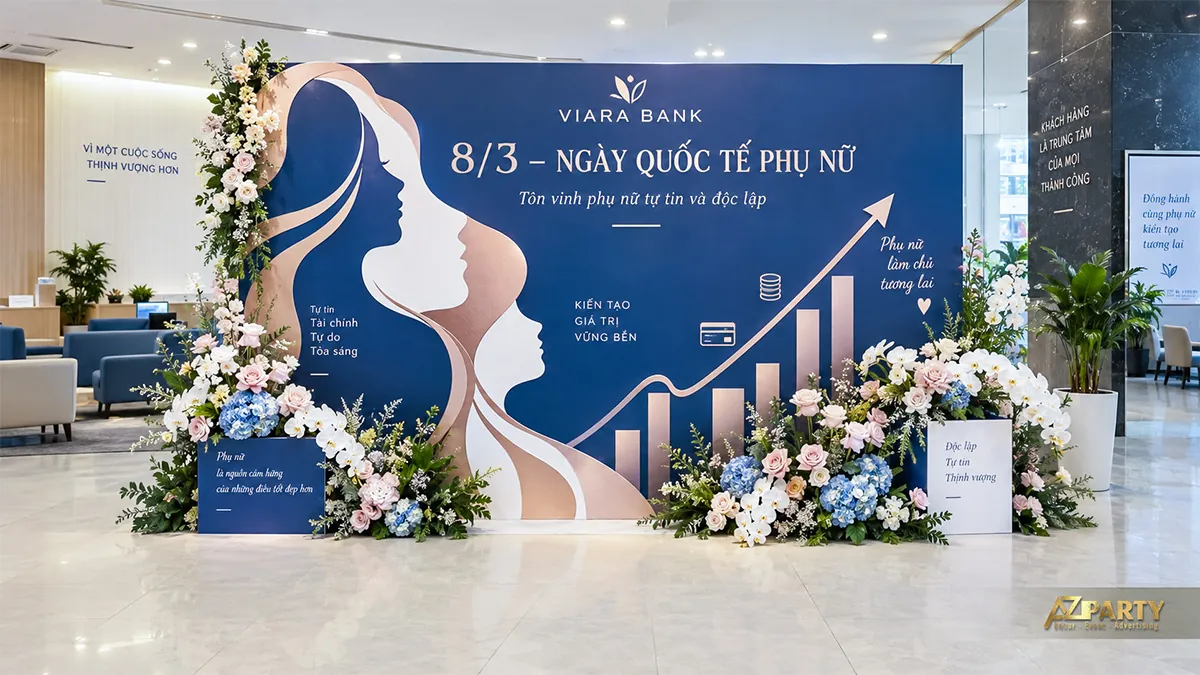 Phông xanh đậm có ba chân dung phụ nữ, biểu đồ tăng trưởng và hoa xanh hồng
