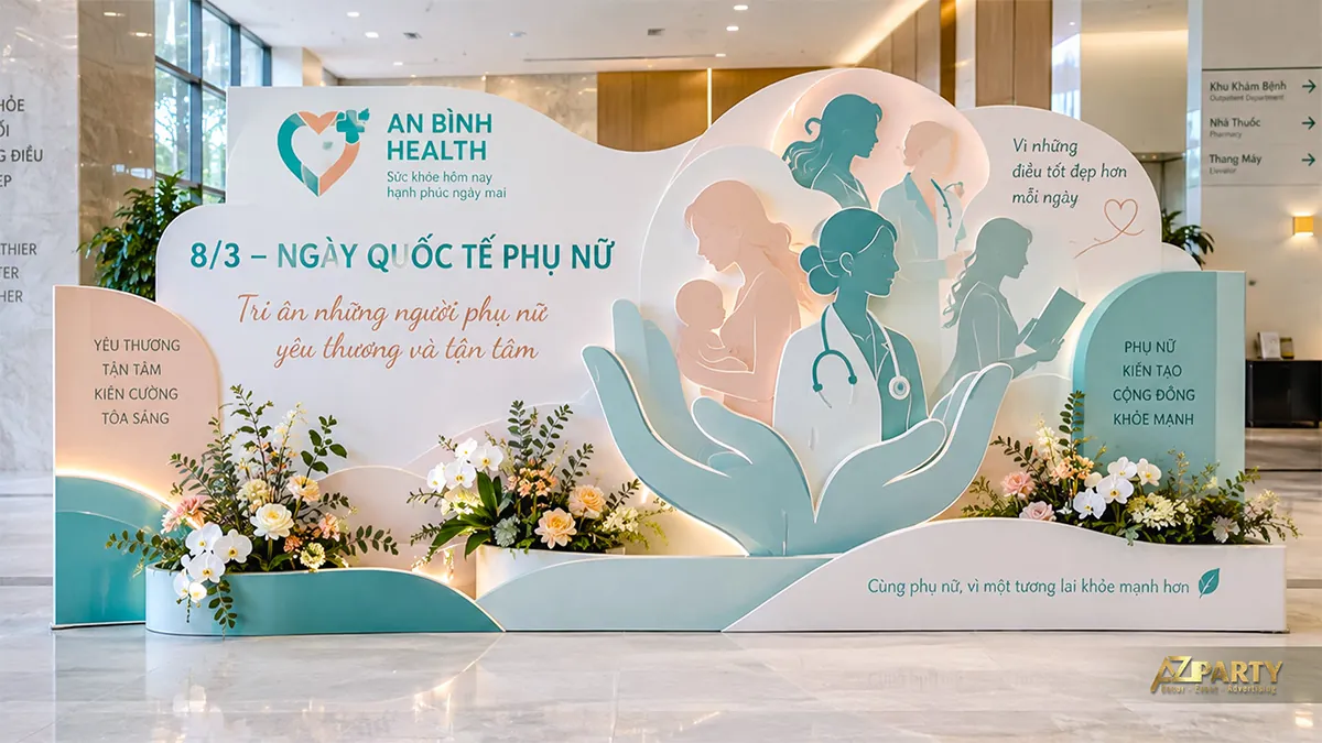 Backdrop xanh ngọc màu kem tại sảnh y tế với bàn tay nâng hình bác sĩ và người mẹ