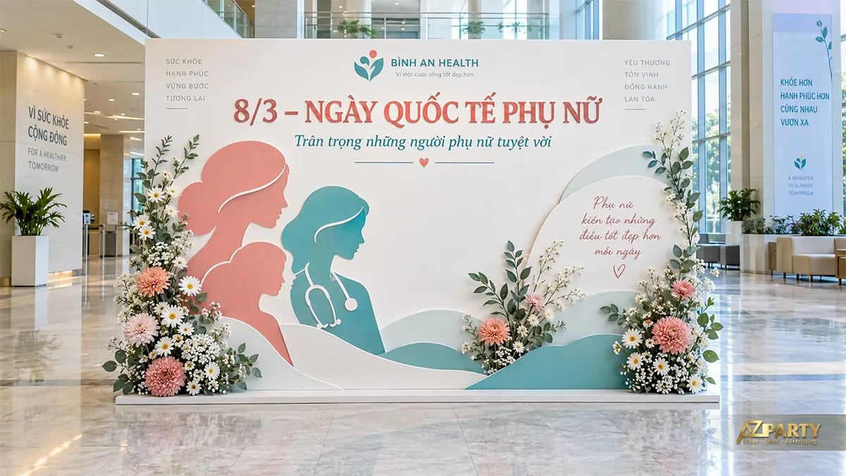 Phông trắng xanh cam với hình nữ bác sĩ, các chân dung phụ nữ và cụm hoa hai bên