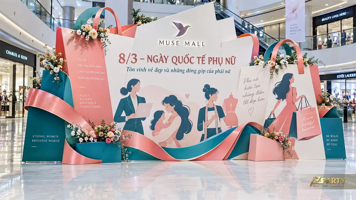 Backdrop tại trung tâm thương mại tạo hình túi mua sắm, dải lụa xanh cam và hoa