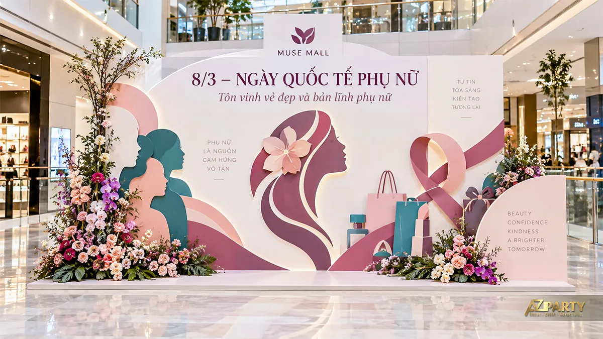 Phông trắng tím hồng tại khu mua sắm với chân dung phụ nữ, số 8 và hộp quà