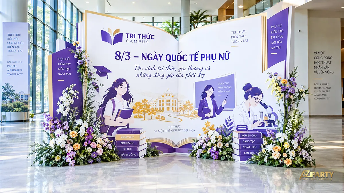 Backdrop hình cuốn sách mở với nữ sinh, giảng viên, nhà nghiên cứu và hoa tím vàng