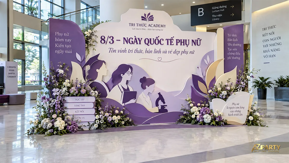Góc chụp ảnh tím kem ở sảnh giảng đường với hình phụ nữ đọc sách và dùng kính hiển vi