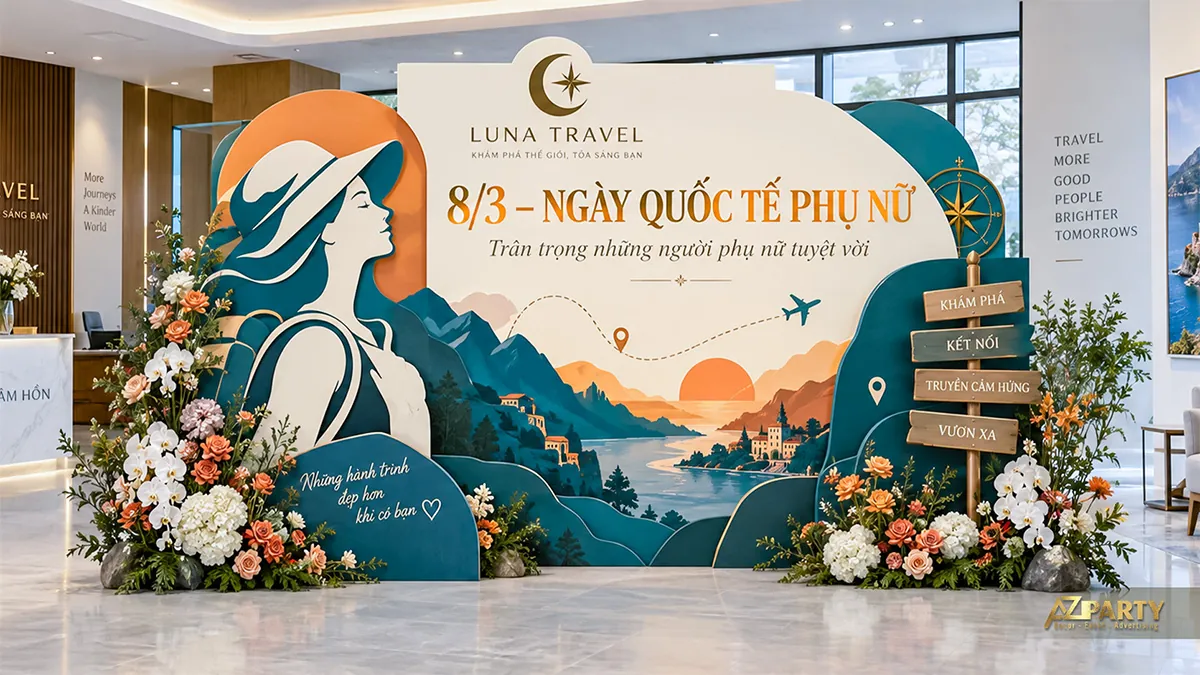 Backdrop chủ đề du lịch xanh cam với cô gái đội mũ, núi sông, máy bay và hoa