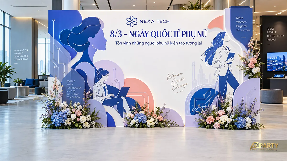Backdrop trắng xanh tím có hình nữ nhân viên công nghệ và họa tiết mạch điện