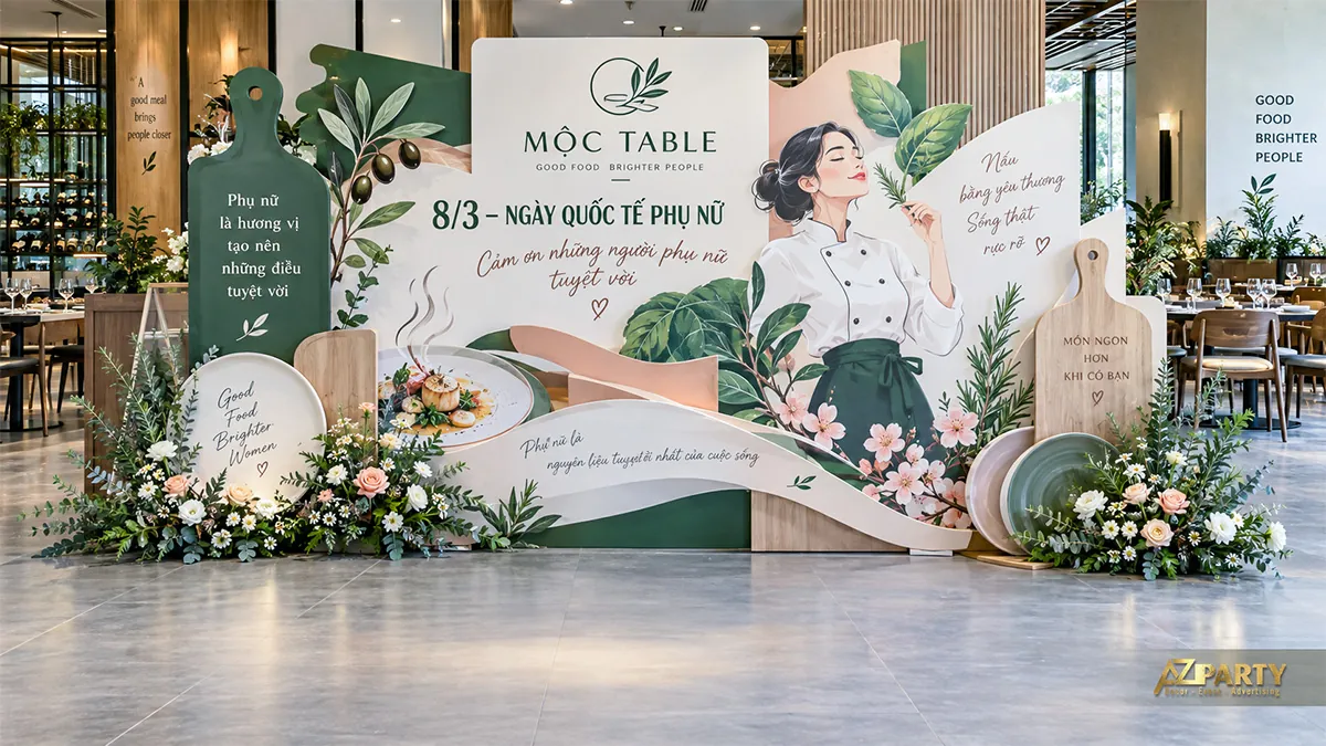Góc chụp ảnh nhà hàng màu xanh lá với nữ đầu bếp, lá olive và mô hình thớt