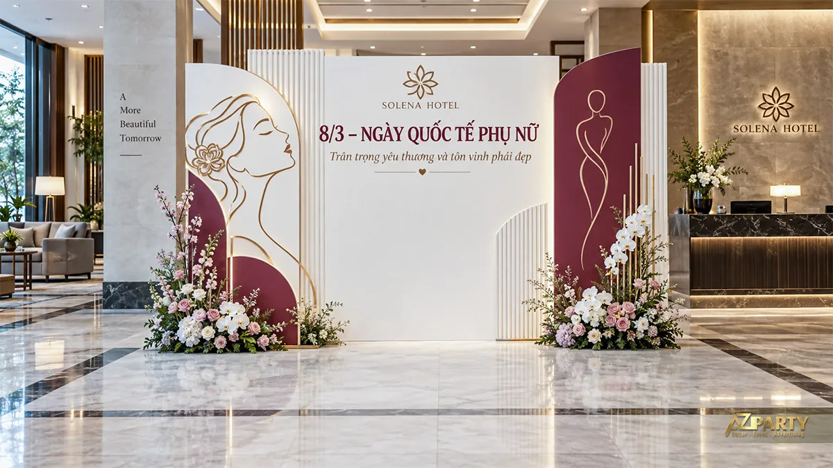 Phông trắng đỏ rượu vang ở sảnh khách sạn với chân dung nét vàng và hoa hai bên