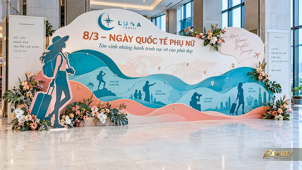 Backdrop du lịch có nữ du khách kéo vali, bản đồ và các dải xanh cam nhiều lớp