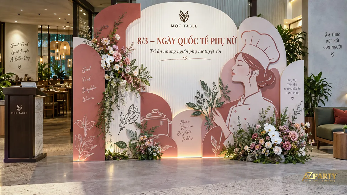 Phông hồng đất màu kem tại nhà hàng với nữ đầu bếp, hoa và họa tiết lá