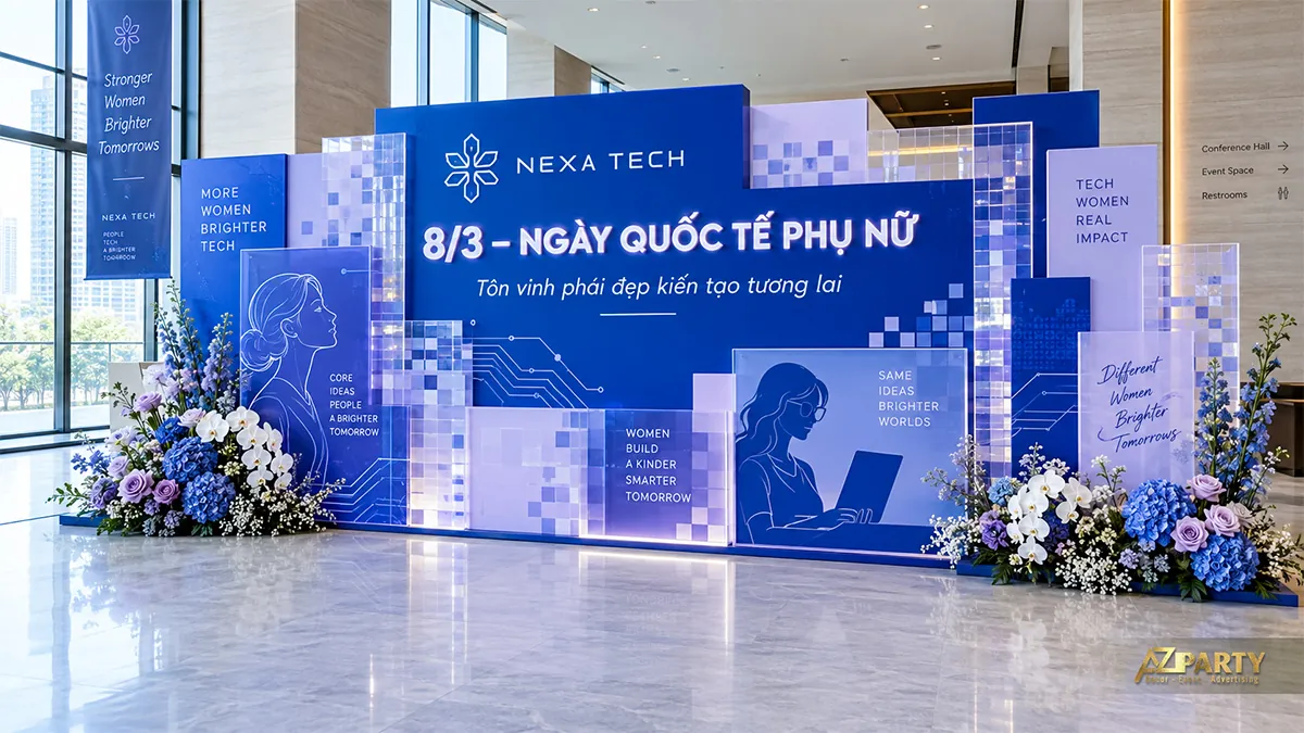 Góc check-in xanh lam tại công ty công nghệ với các khối vuông trong suốt và hoa tím