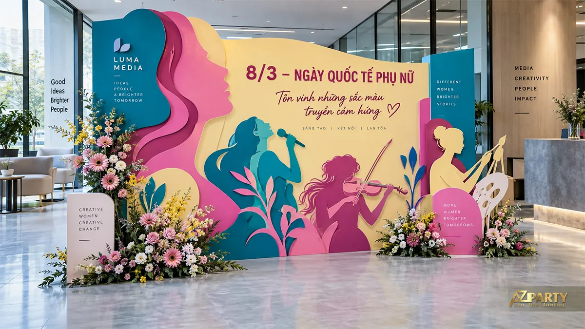 Backdrop vàng hồng xanh với hình phụ nữ hát, chơi violin và vẽ tranh