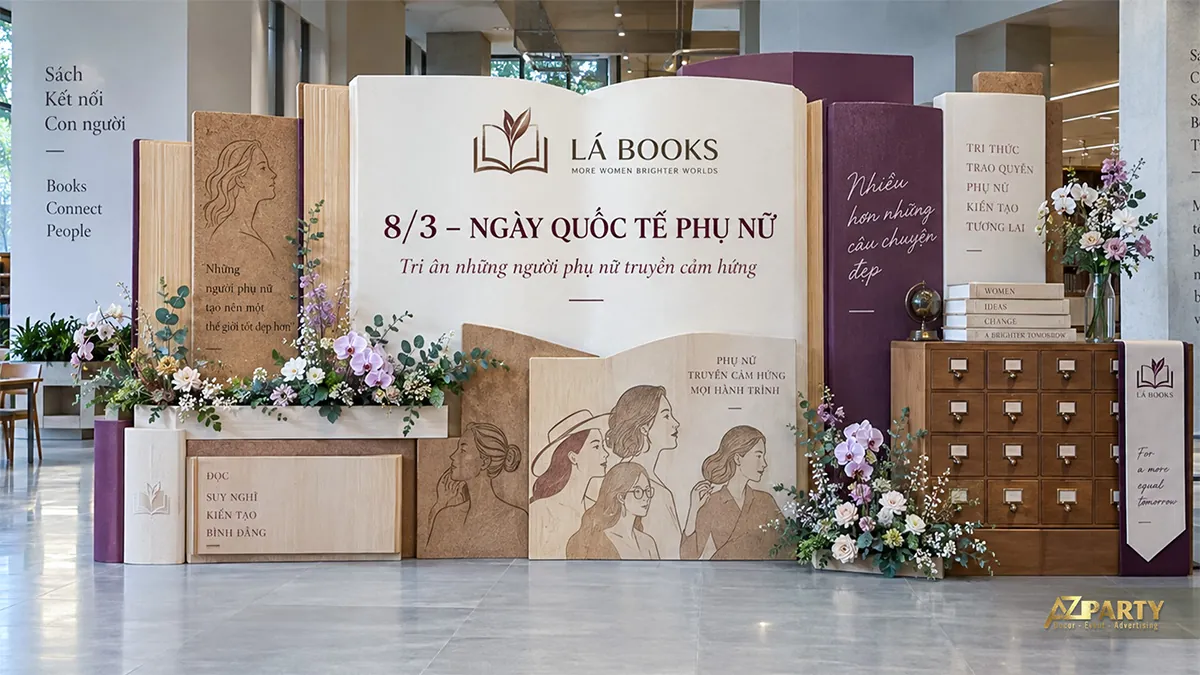 Phông tạo hình sách màu kem tím tại nhà sách với chân dung phụ nữ và tủ ngăn kéo