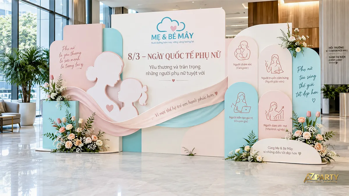 Backdrop hồng xanh pastel với hình mẹ và bé, các biểu tượng nghề nghiệp và hoa tulip