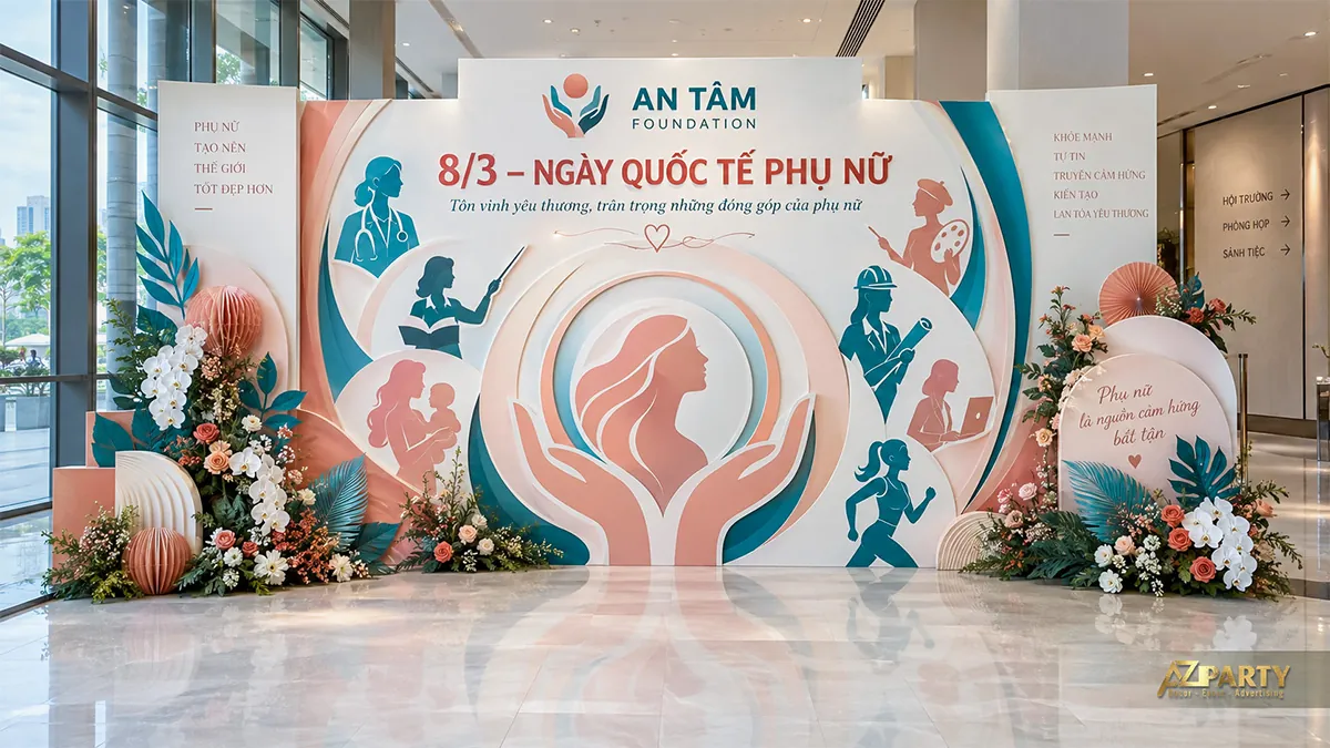 Phông xanh cam tại sảnh sự kiện với hình bàn tay, chân dung phụ nữ và quạt giấy