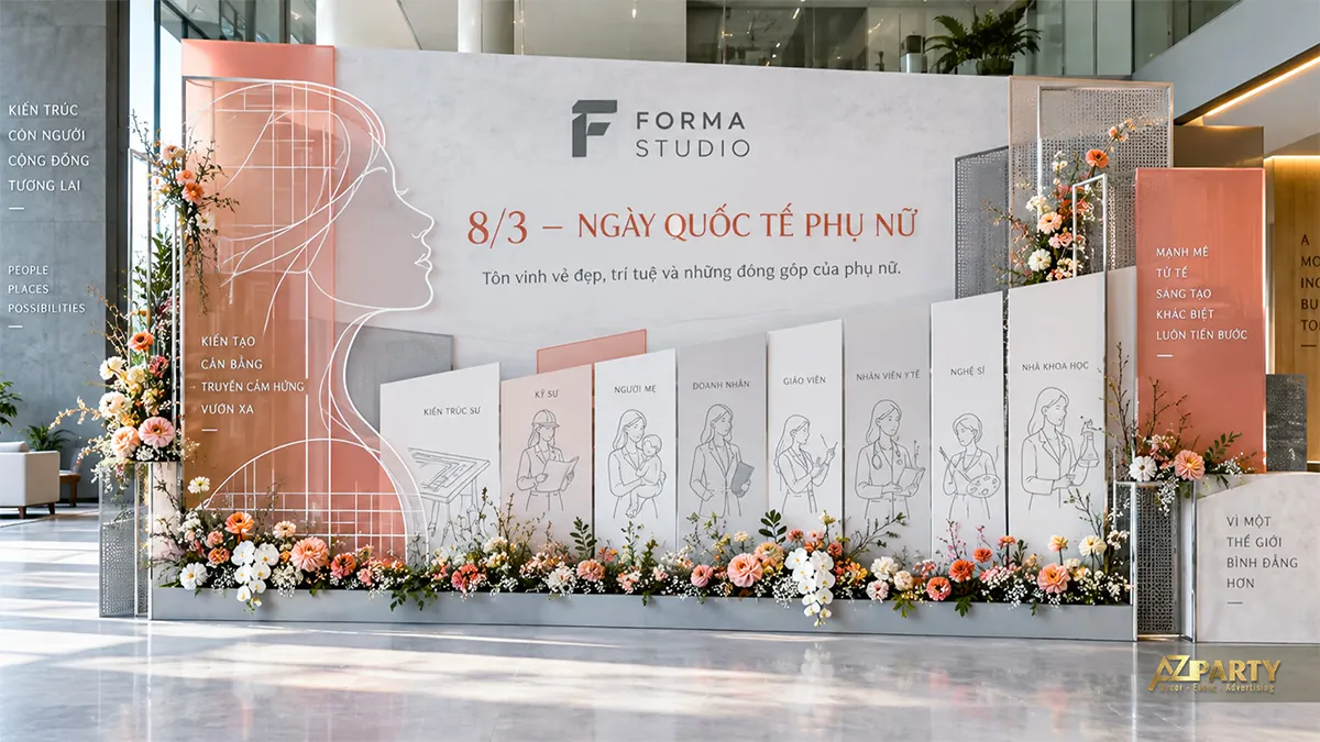 Backdrop xám trắng cam với chân dung nét mảnh, hình phụ nữ nhiều nghề và dải hoa thấp