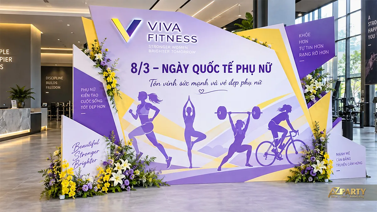 Phông tím vàng tại phòng gym với hình phụ nữ chạy bộ, tập yoga, cử tạ và đạp xe