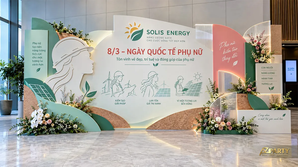 Backdrop xanh kem hồng chủ đề năng lượng sạch với nữ kỹ sư, pin mặt trời và hoa
