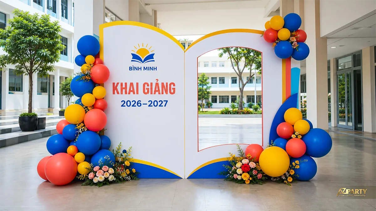 Backdrop khai giảng Bình Minh tạo hình cuốn sách mở với cụm bóng đỏ vàng xanh