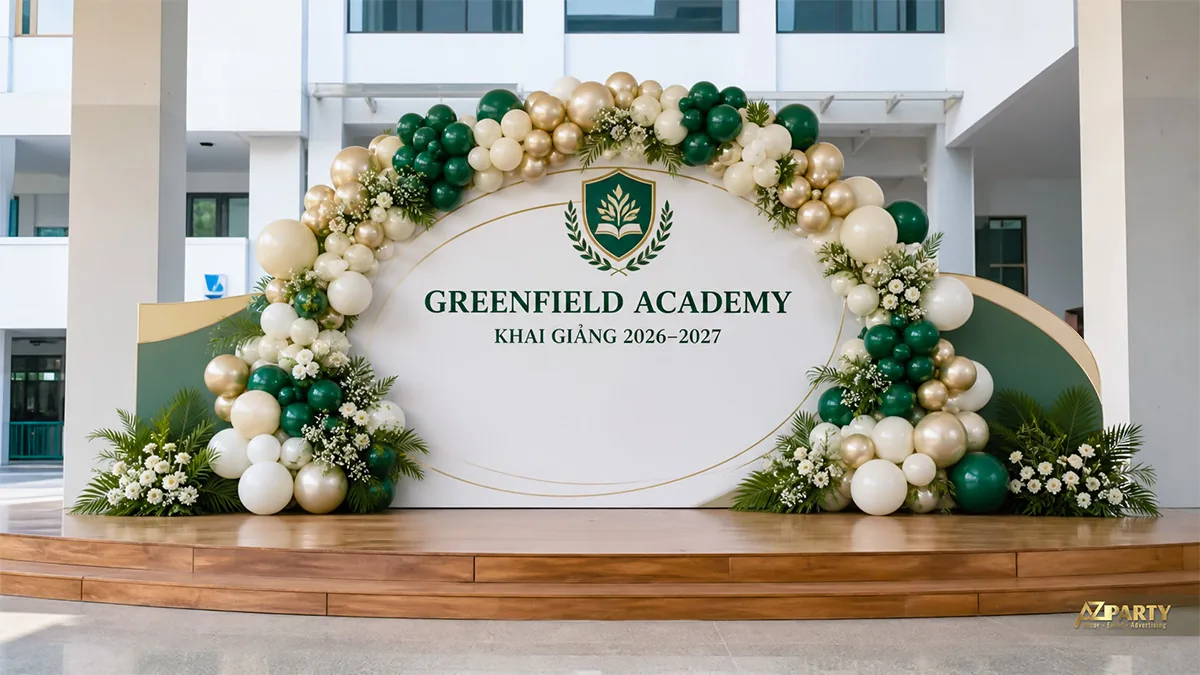 Backdrop khai giảng Greenfield Academy với vòng bóng xanh lá, kem và vàng đồng