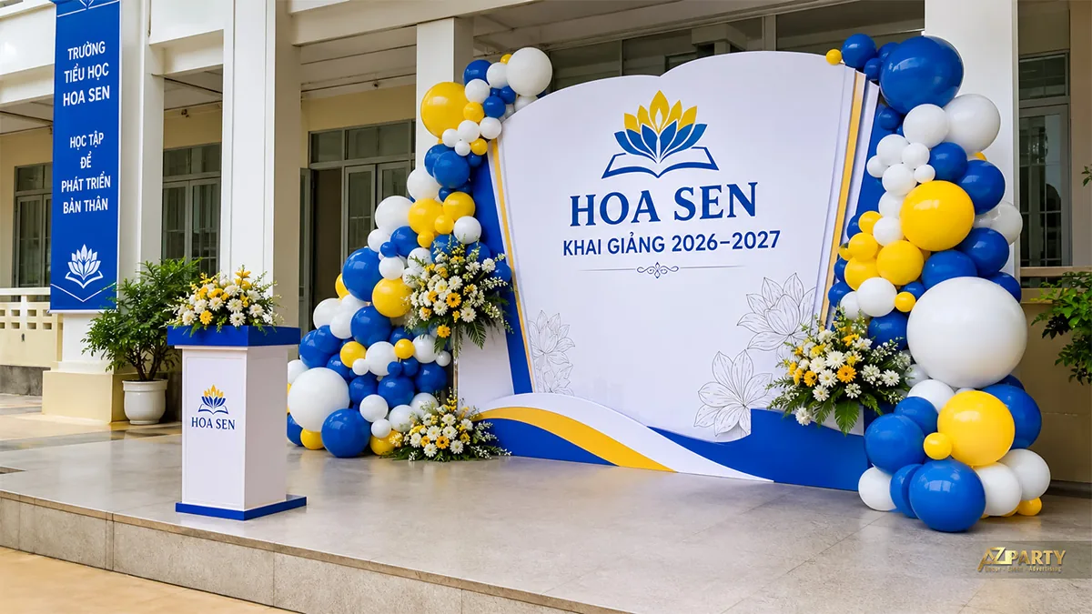 Backdrop khai giảng Hoa Sen màu xanh vàng trắng, trang trí vòng bóng và hoa hai bên