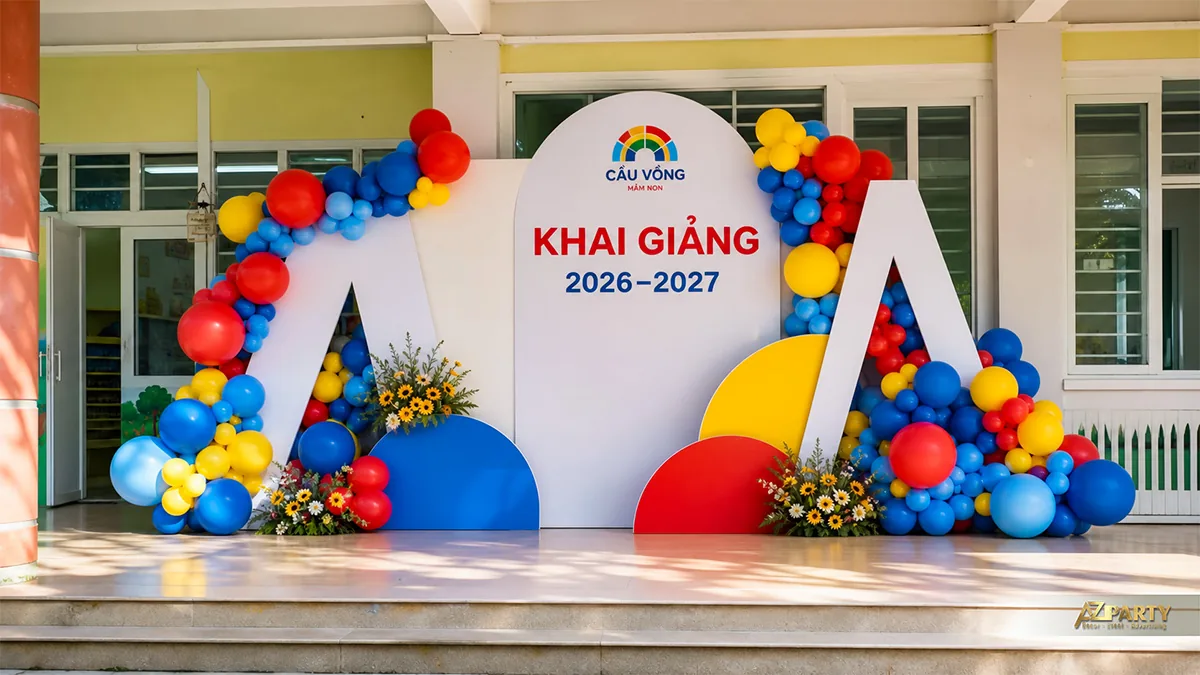 Backdrop khai giảng mầm non Cầu Vồng với bóng đỏ vàng xanh và các khối tròn