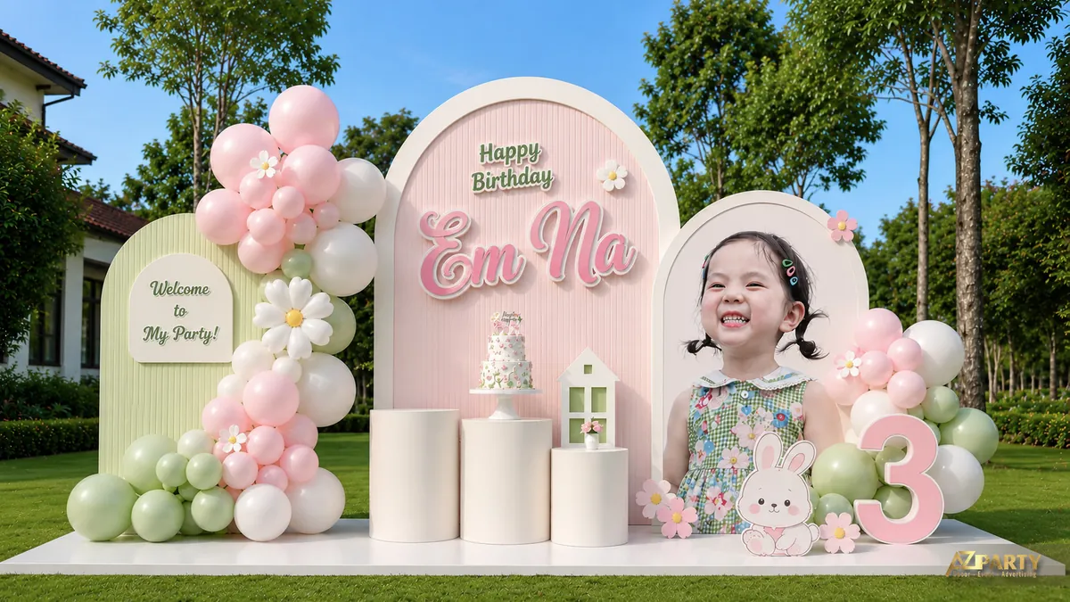 Backdrop sinh nhật bé Em Na tone hồng xanh với bóng pastel, hoa cúc và thỏ trắng