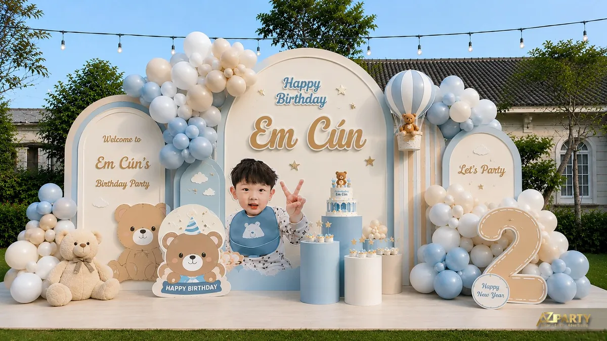 Backdrop sinh nhật Em Cún tone xanh kem với cụm bóng, gấu bông và khinh khí cầu