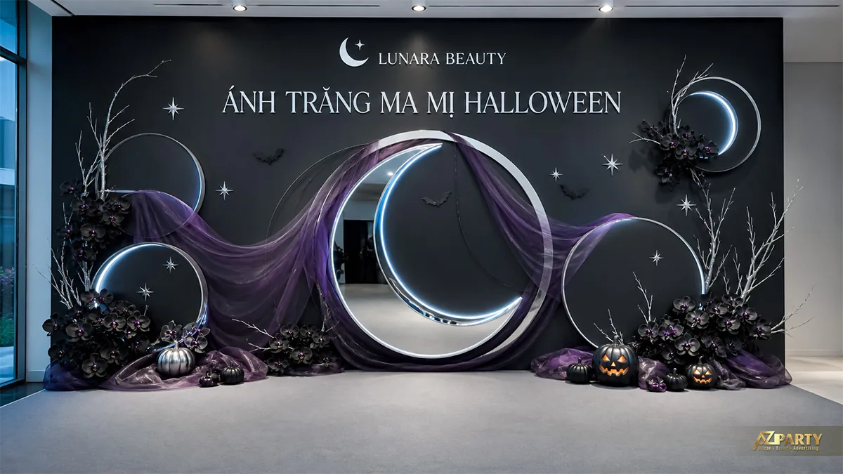Khu check-in Halloween ánh trăng với vòng tròn phát sáng, voan tím và hoa lan đen